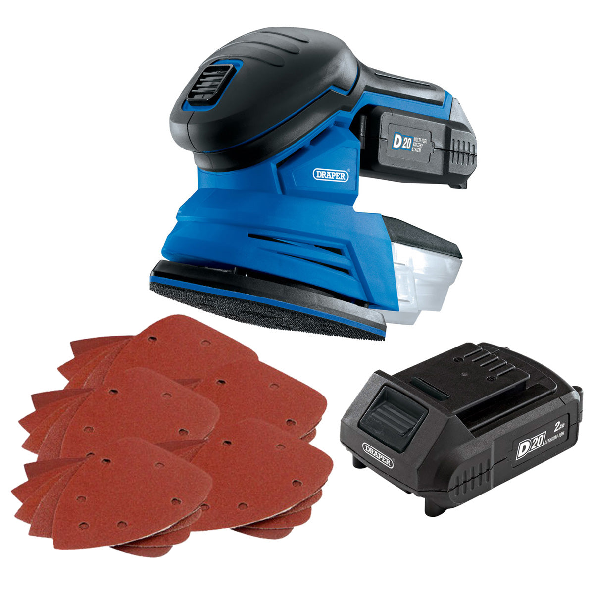Draper 00608 Cordless Detail Sander Charger D20 20V Battery & 27 Sanding Sheets