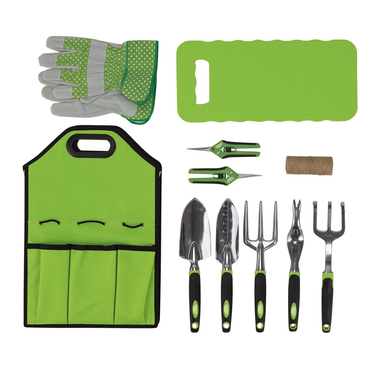 Draper 08998 11pc Aluminium Garden Tools Set | Fork Trowels Snips Kneeler Gardening Gloves & Bag