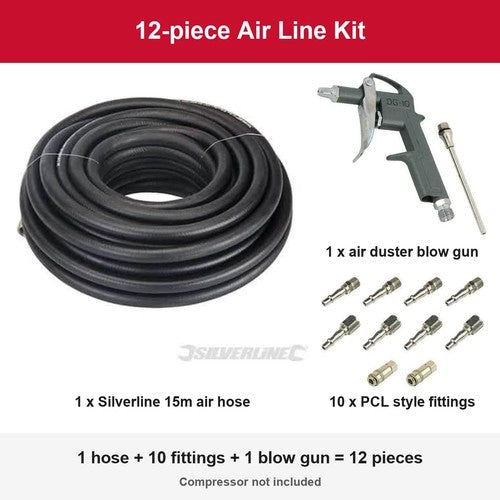 12pc Air Line Kit Silverline 15m Rubber Hose + 10 PCL Style Fittings + Blow Gun