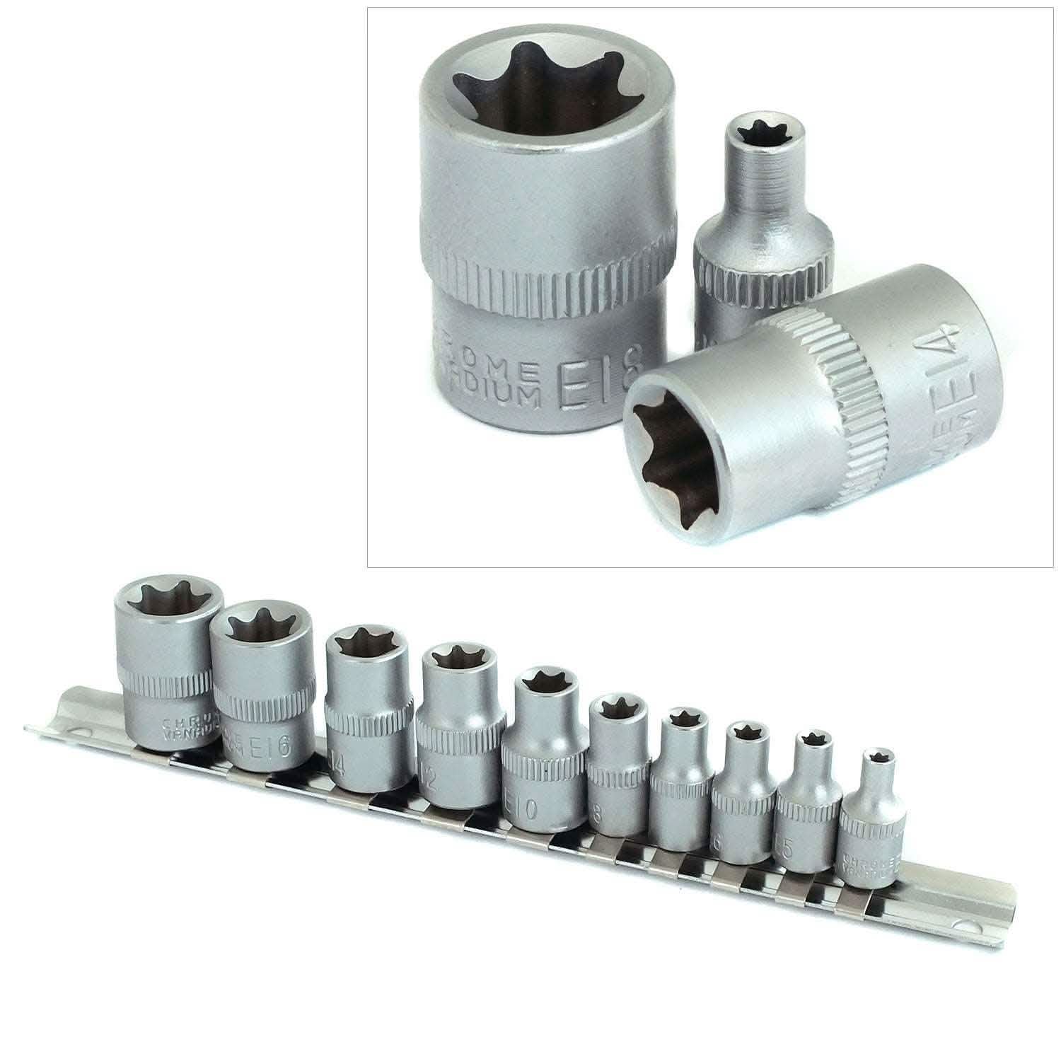 1/4 3/8 Torx Sockets Set Female + Rail E4-E18 Crv Steel Tx Star