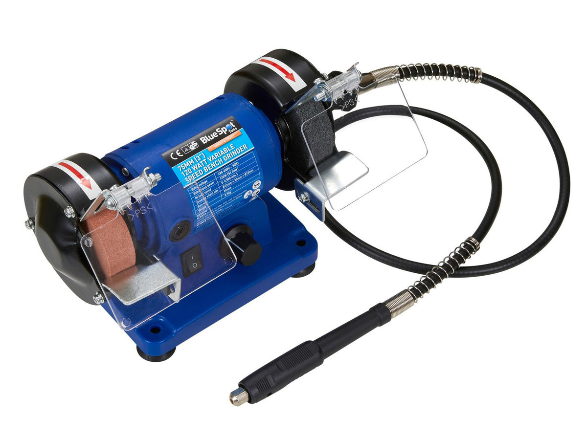 75mm (3") Twin Bench Grinder and Polisher | 120W Variable Speed with 1m Flexible Shaft for Rotary Tool Accessories | Lifetime Warranty