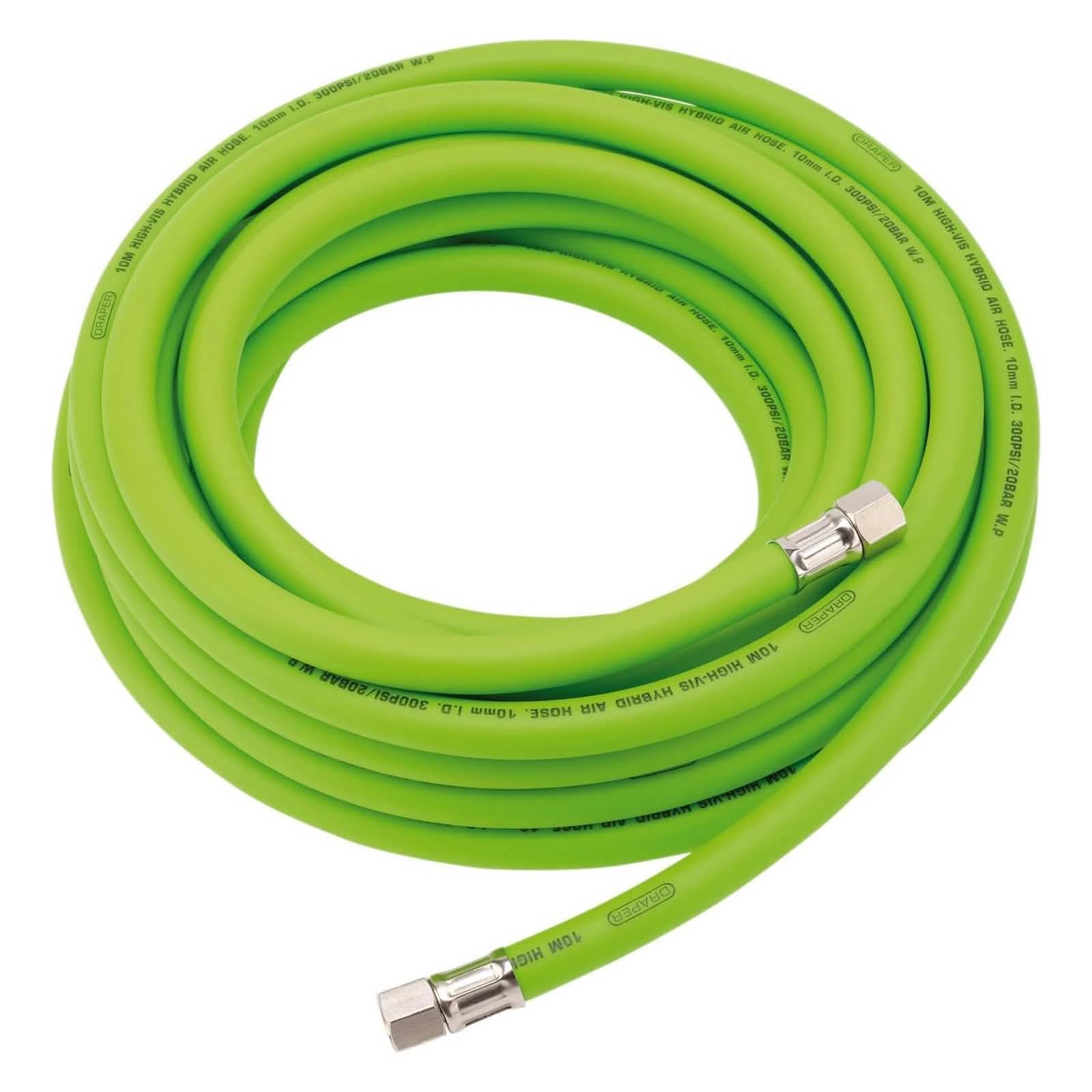 Draper 31729 10m Hybrid Air Hose plus 5pc Air Fittings Kit | 10mm Bore 1/4" BSP High Vis Green Air Line