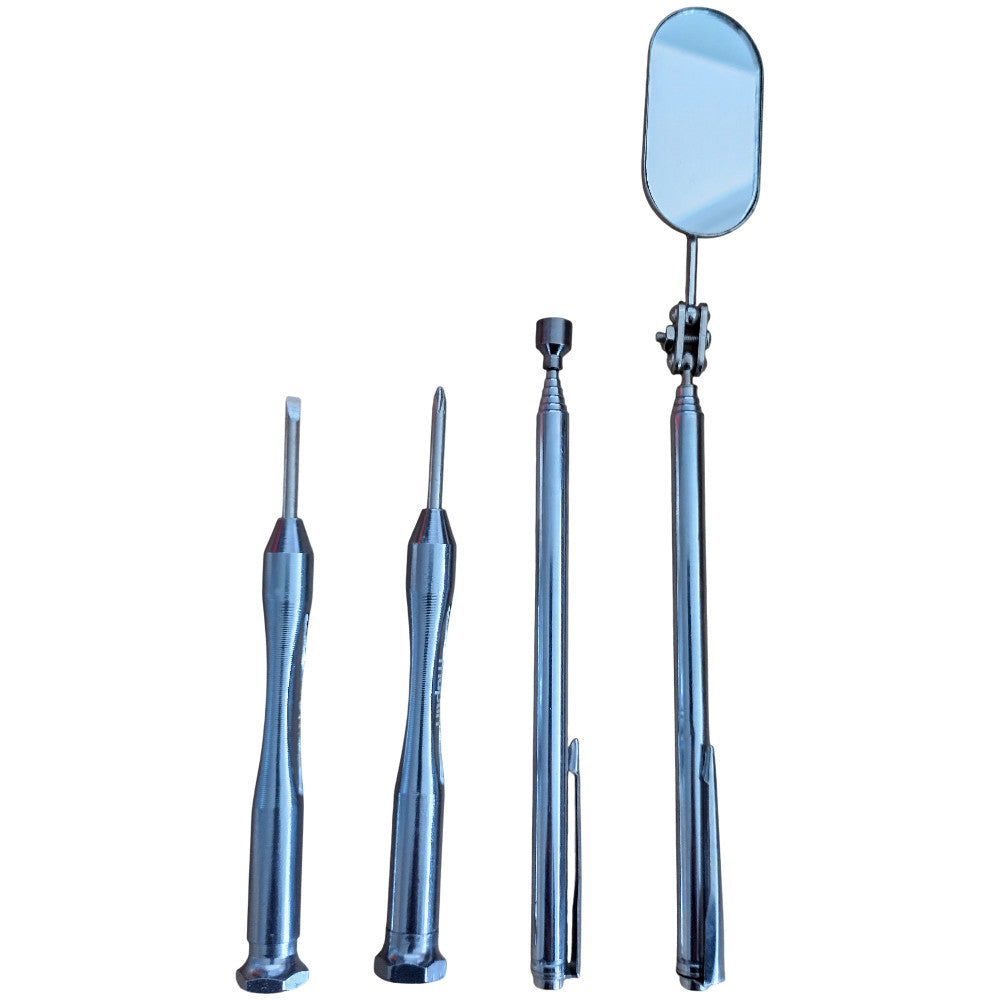 4PC - Telescopic Extending Inspection Mirror Oval Mechanics Tool + Telescopic Magnetic Pick-Up + 2 Screwdrivers