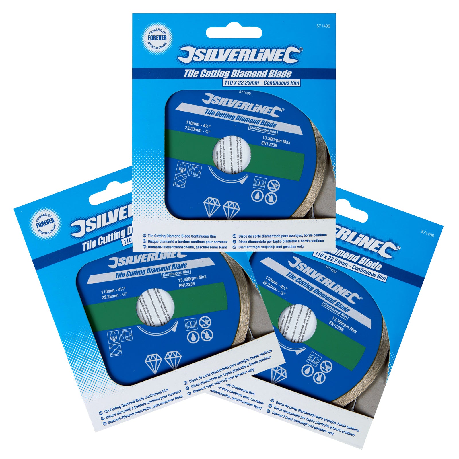 Pack of 3 Tile Cutting Diamond Blades 110mm Continuous Rim Cutting Discs Silverline 571499