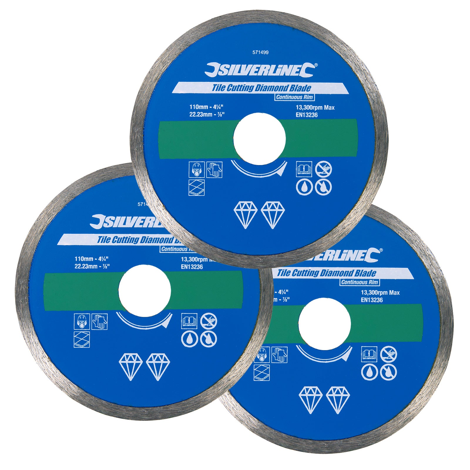 Pack of 3 Tile Cutting Diamond Blades 110mm Continuous Rim Cutting Discs Silverline 571499