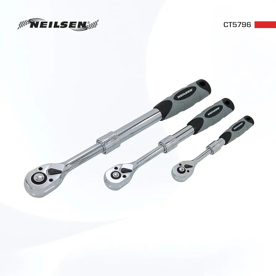 Neilsen CT5796-3pc Extending Ratchet Set with 1/4in, 3/8in & 1/2in Drive | 72 Tooth Quick Release | Ideal for Automotive & Workshop Use