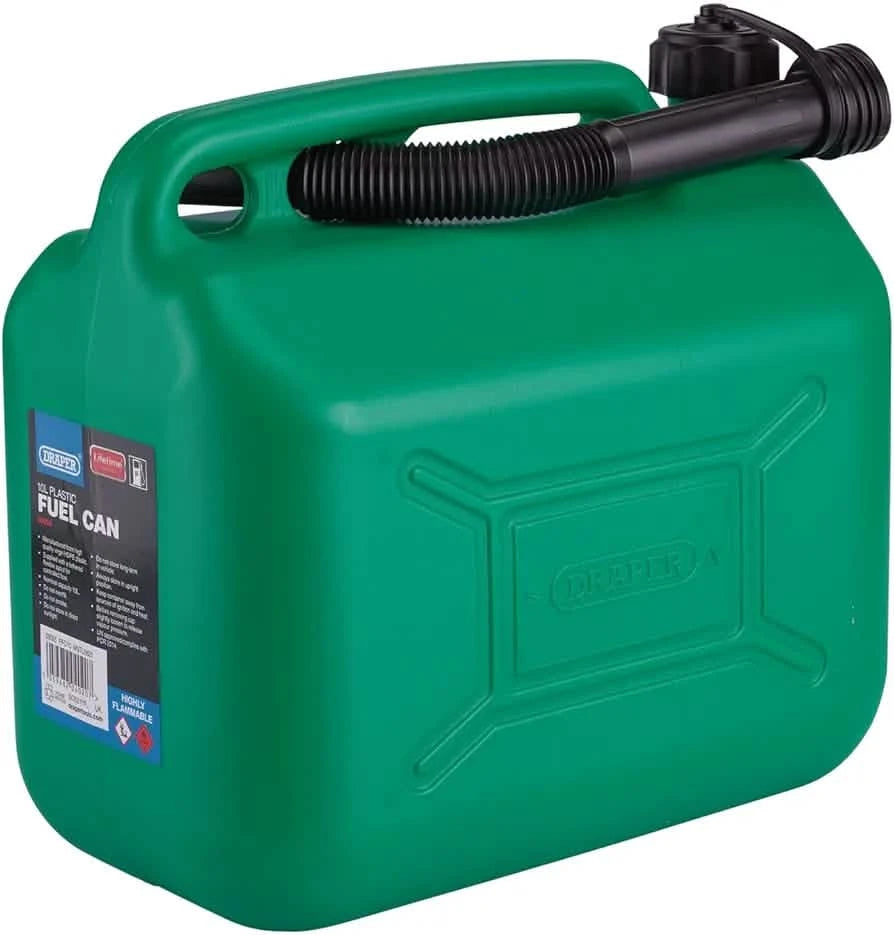 Draper 10L Plastic Petrol Can | Jerry Fuel Diesel Can | 10000cc Water Container | 20mm Flexible Spout Diameter | 290mm Spout Length | 09055, Green