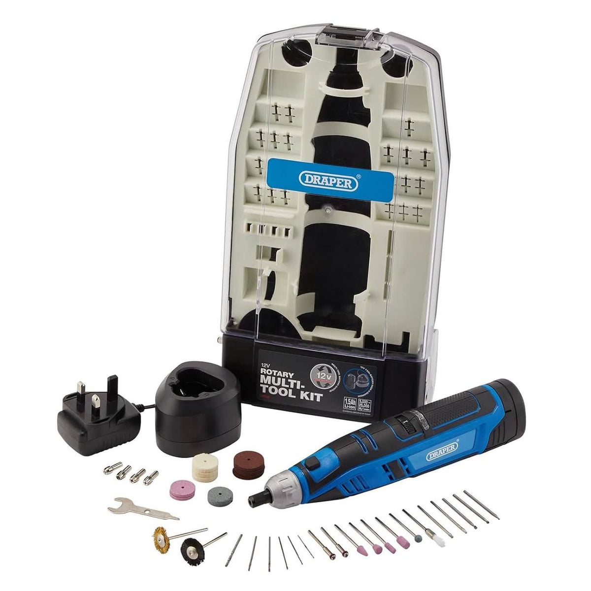 Draper 12V Cordless Rotary Multi Tool with 266pc Accessories | Includes Lithium-Ion Battery, Fast Charger and Case