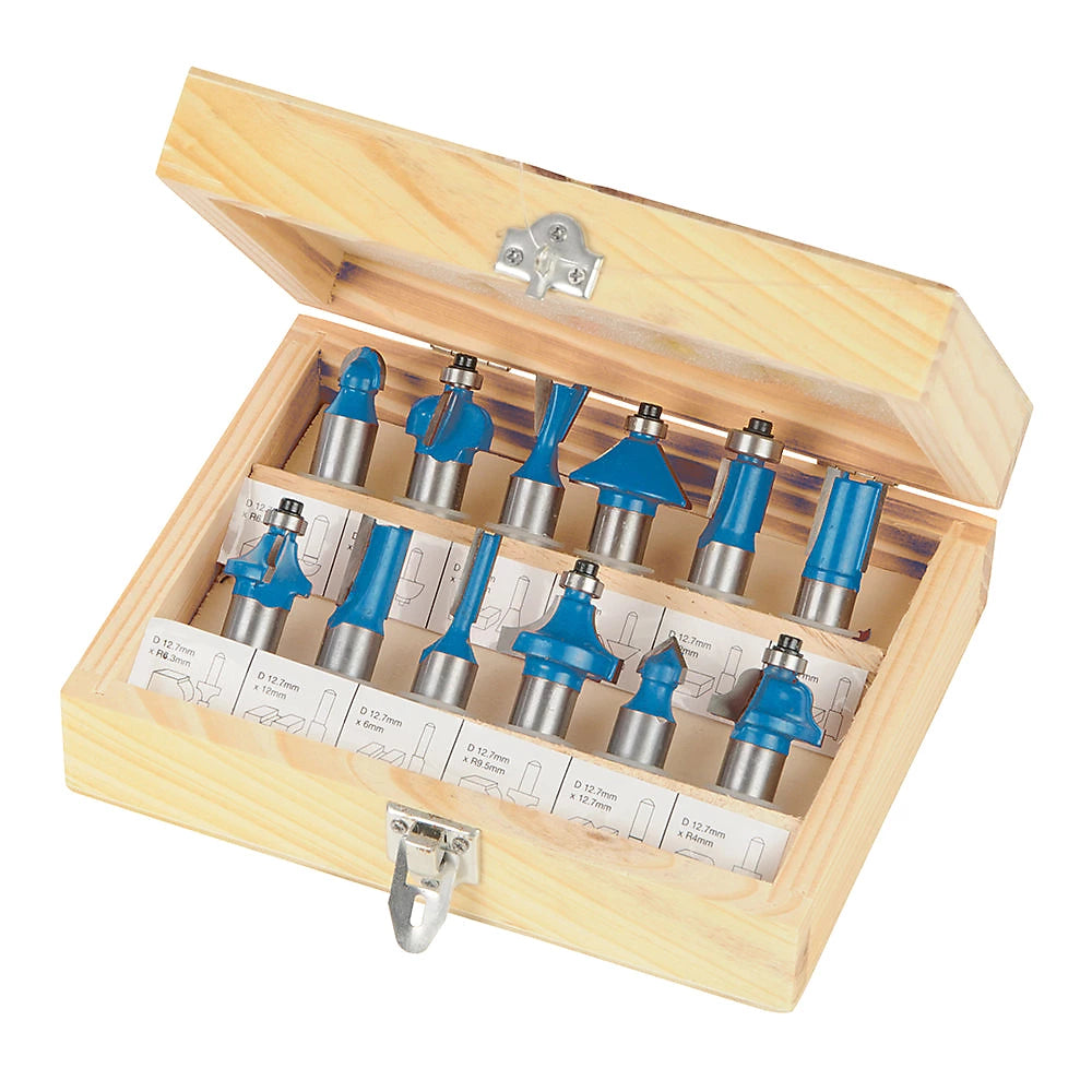 Silverline 763555 12pc Router Bit Set 1/2" Drive TCT Straight Flush Trim Cove