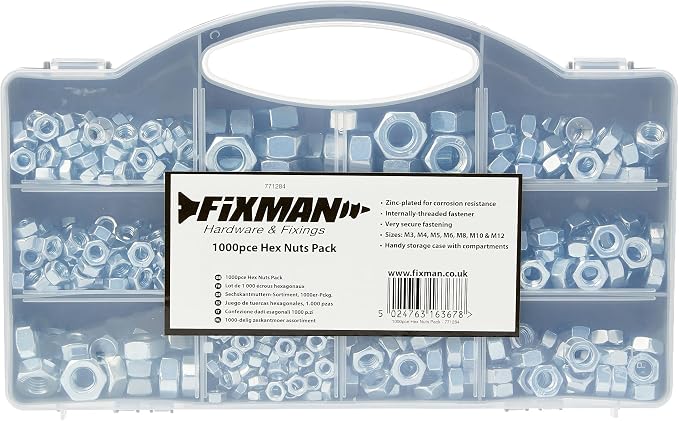 Fixman 771284 Hex Nuts Pack, Silver, 1000 pce