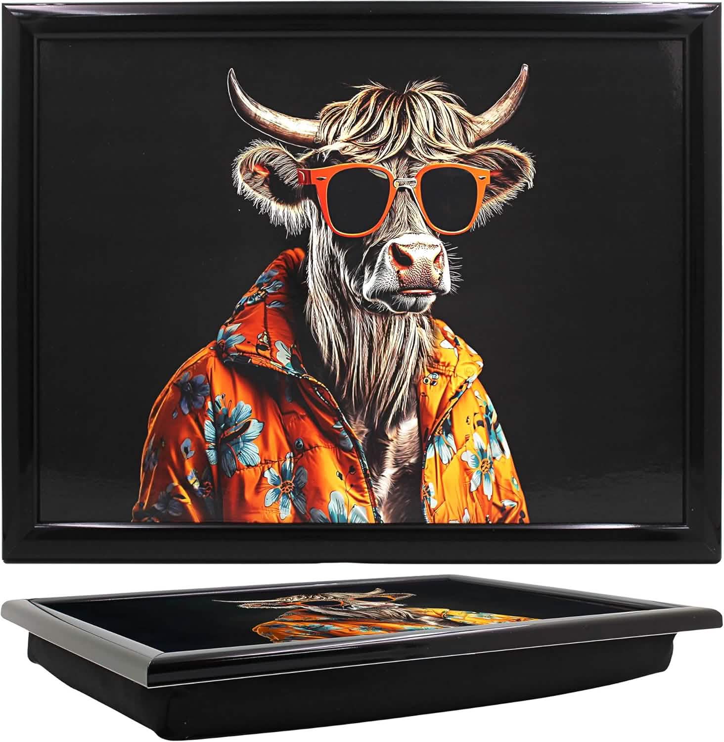 Highland Cow with Shades Laptop Lap Tray with Cushioned Padded Bean Bag Base | Ideal for TV Dinners or Bed