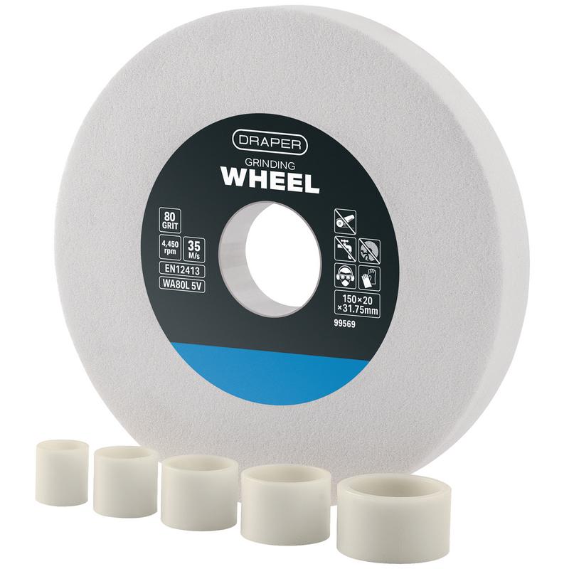 Draper Aluminium Oxide Bench Grinding Wheel, 150mm X 20mm, 80G, White 99569