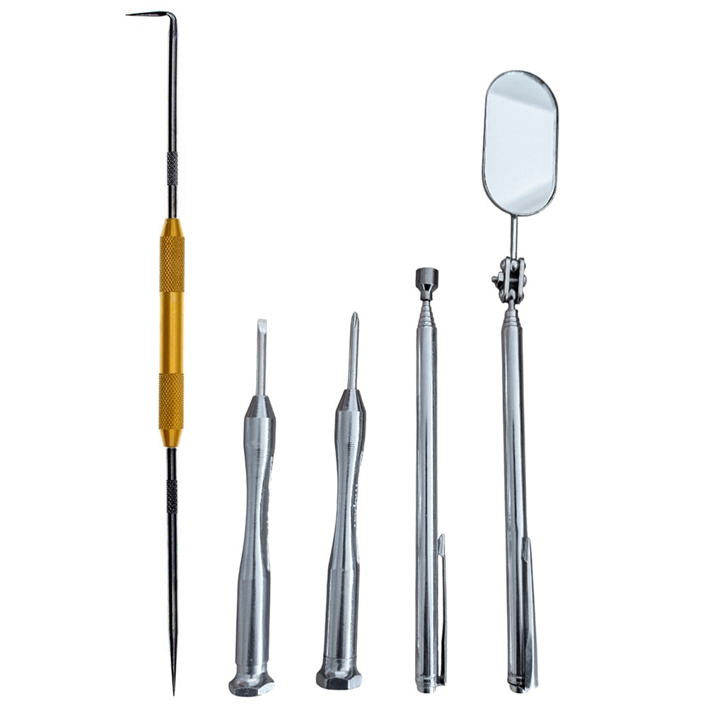 5pc Telescopic Extending Inspection Mirror, Pick-up Tool, Engineers Scribe and Precision Screwdrivers Set