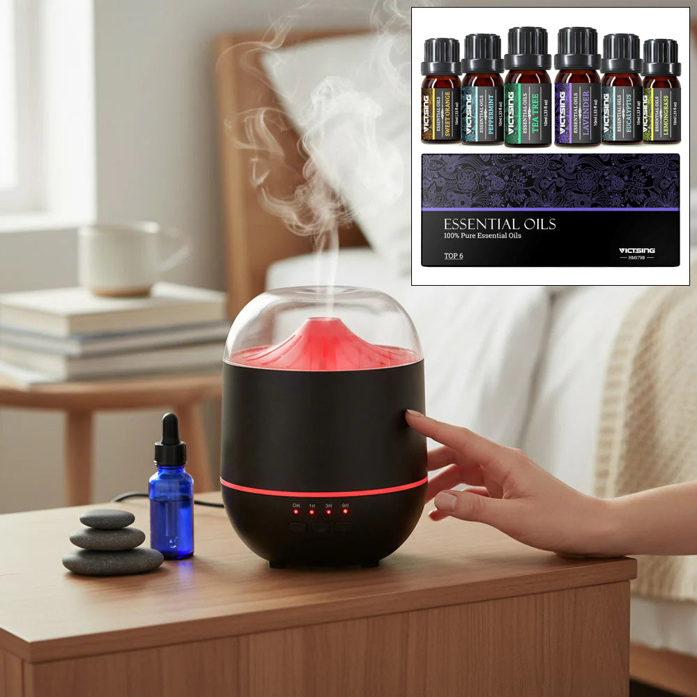 Electric Ultrasonic Aromatherapy Fragrance Diffuser + 6pc Essential Oils | LED Colour Changing Light | Dark Wood Effect