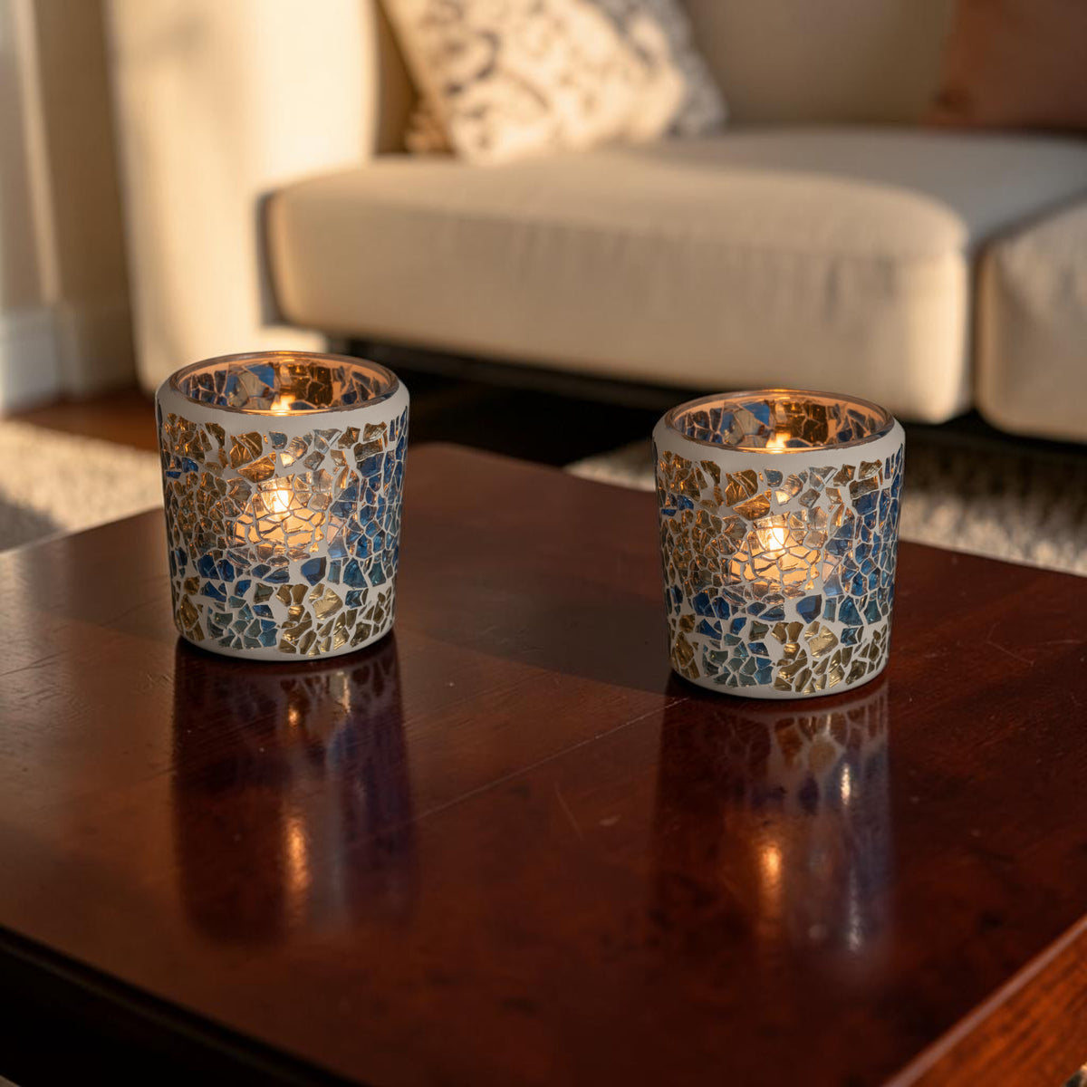 2 Pack - Tea Light Holder Blue/Gold Crackle Glass