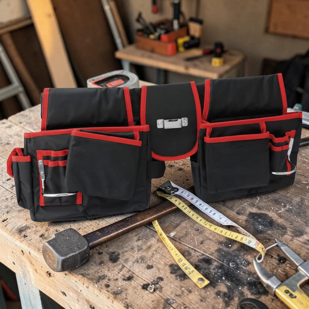 Double Tool Belt Pouch 16 Pocket Black Red Heavy Duty