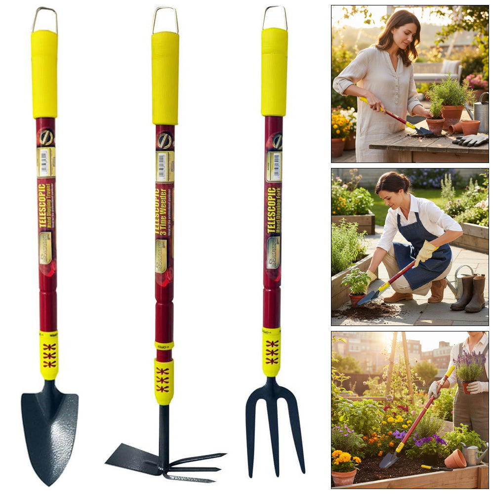 3pc Telescopic Garden Hand Tools Set with Soft Grip Extending Handles | Fork, Trowel, Weeder & Hoe