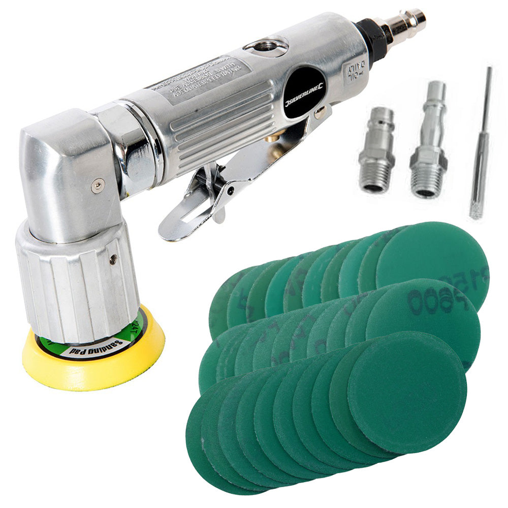 Silverline 50mm Mini Air Sander + 15pc Sanding DIscs | Random Orbit Variable Speed 90° Angled Head