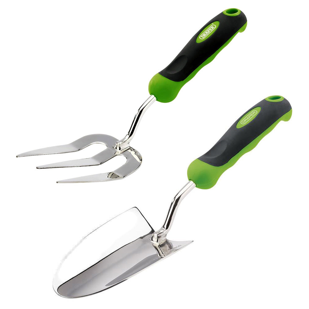 Draper 2pc Trowel & Fork Garden Hand Tool Set | Heavy Duty Stainless Steel with Soft Grip Handles