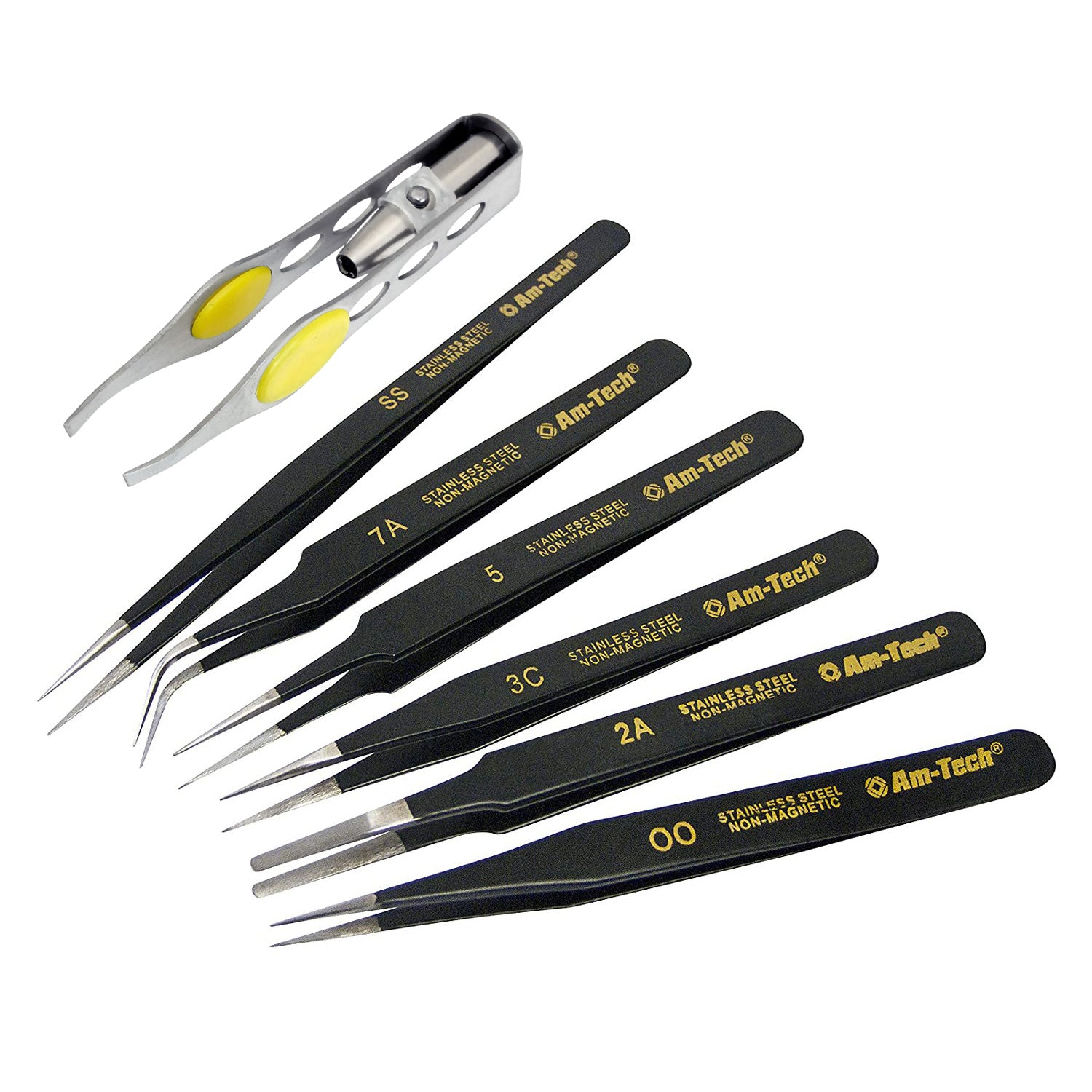 7pc Precision & LED Tweezers Set | Epoxy Coated Stainless Steel Non Magnetic Anti Static | Integrated LED Light