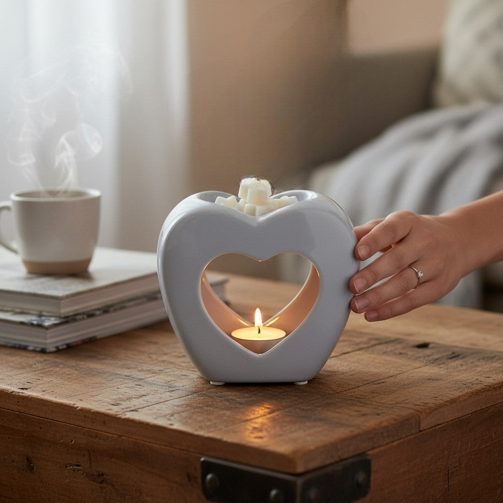 Grey Heart Tea Light Wax Melt Warmer Oil Burner + Candle + Melts