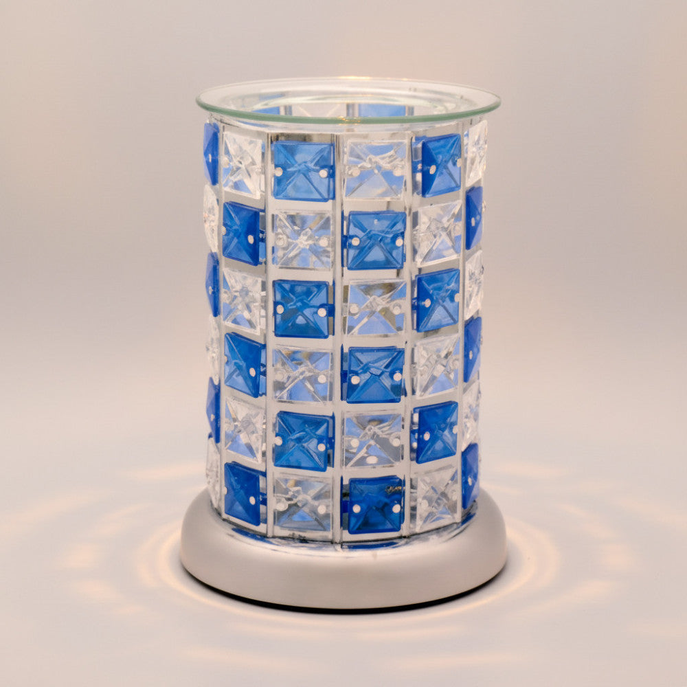 Crystal Effect Aroma Lamp Oil Burner Wax Blue Check Silver Base