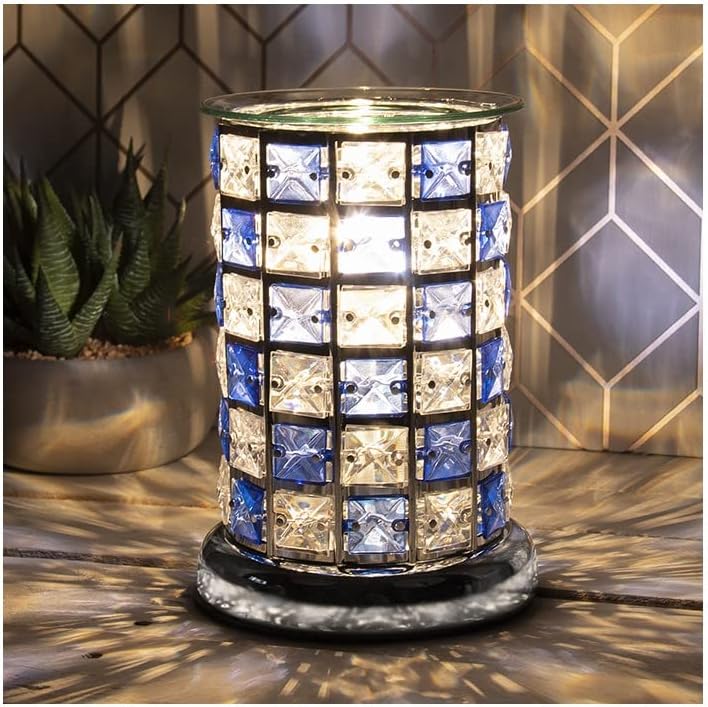 Crystal Effect Aroma Lamp Oil Burner Wax Blue Check Silver Base