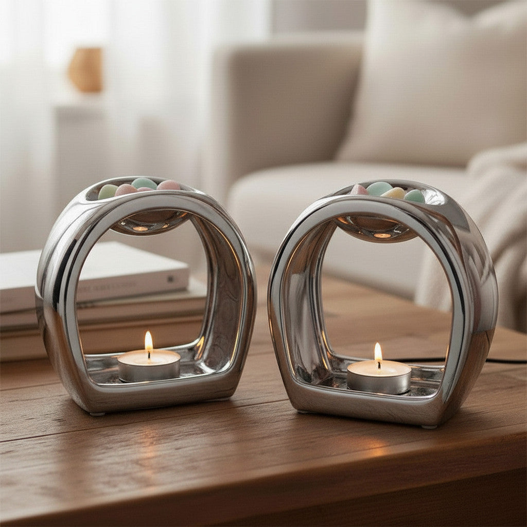2 Pack - Wax Oil Warmer Tea Light Holder Silver Round Orb - includes tea lights + wax melts