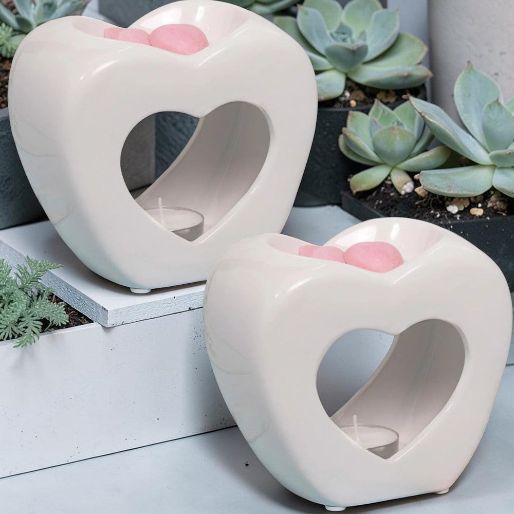 Set of 2 White Heart Tea Light Wax Melt Warmer Oil Burner