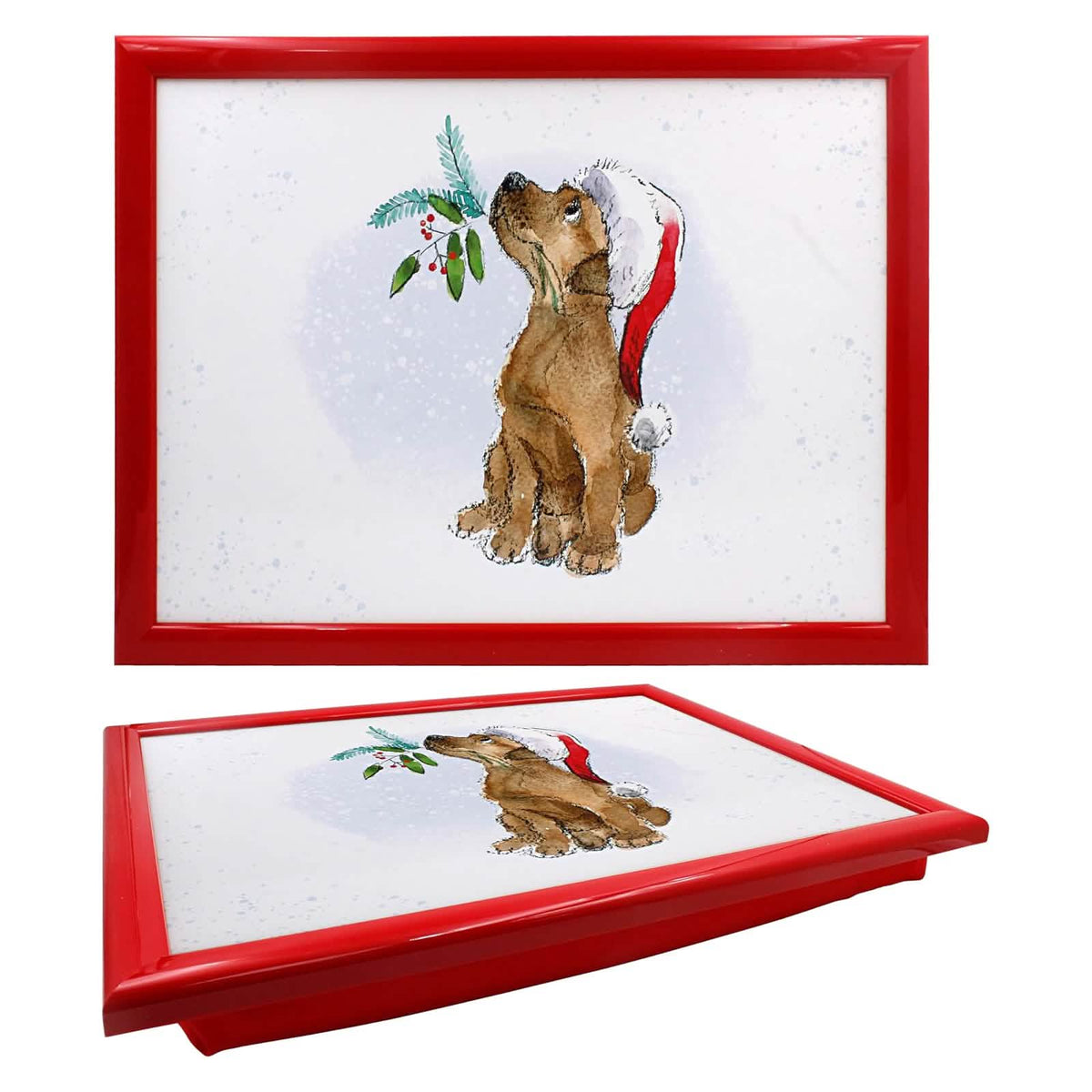 Laptop Lap Tray with Cushioned Padded Bean Bag Base | Dog with Santa Hat and Xmas Berries | Ideal for TV Dinners or Bed