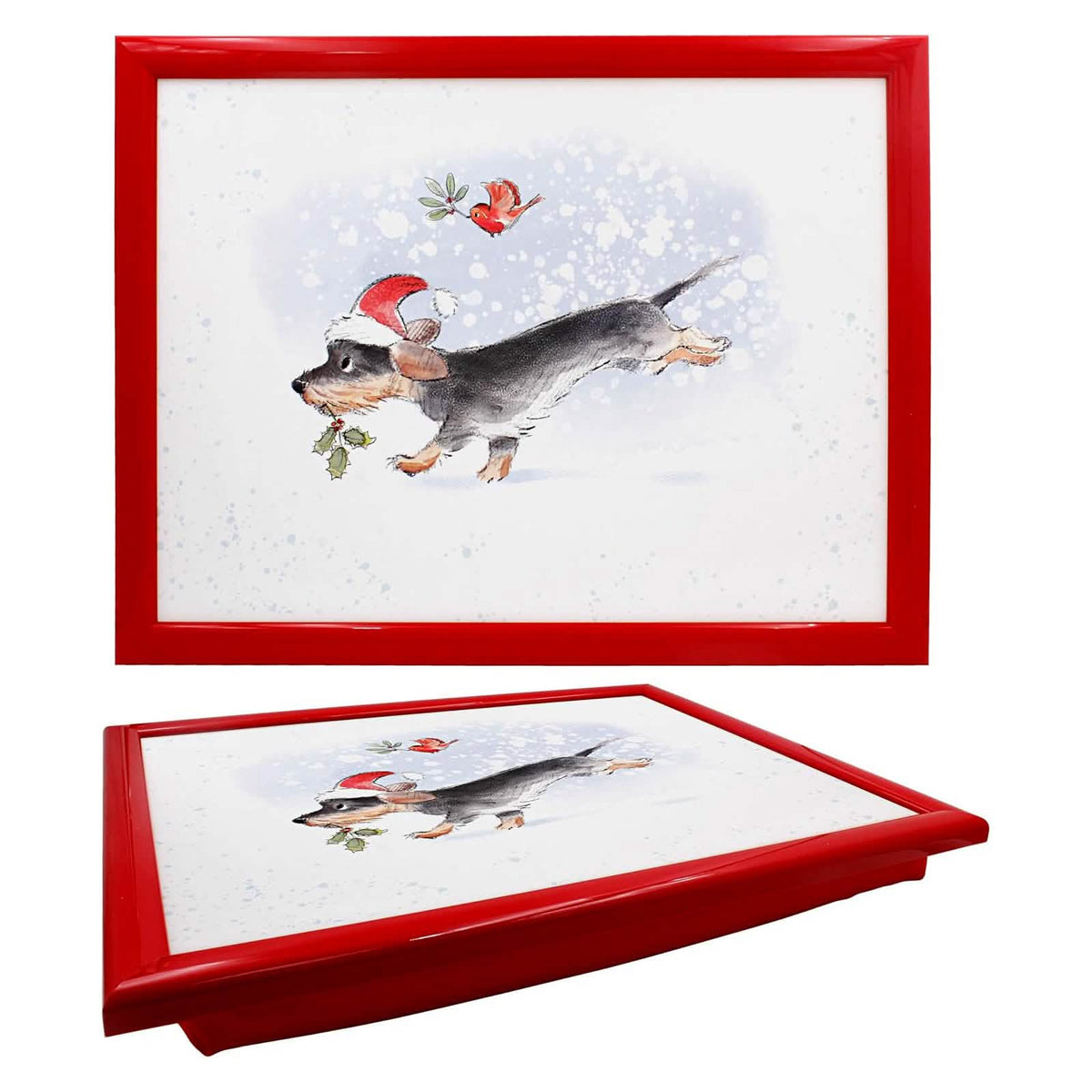Laptop Lap Tray with Cushioned Padded Bean Bag Base | Dog with Santa Hat and Xmas Robin | Ideal for TV Dinners or Bed