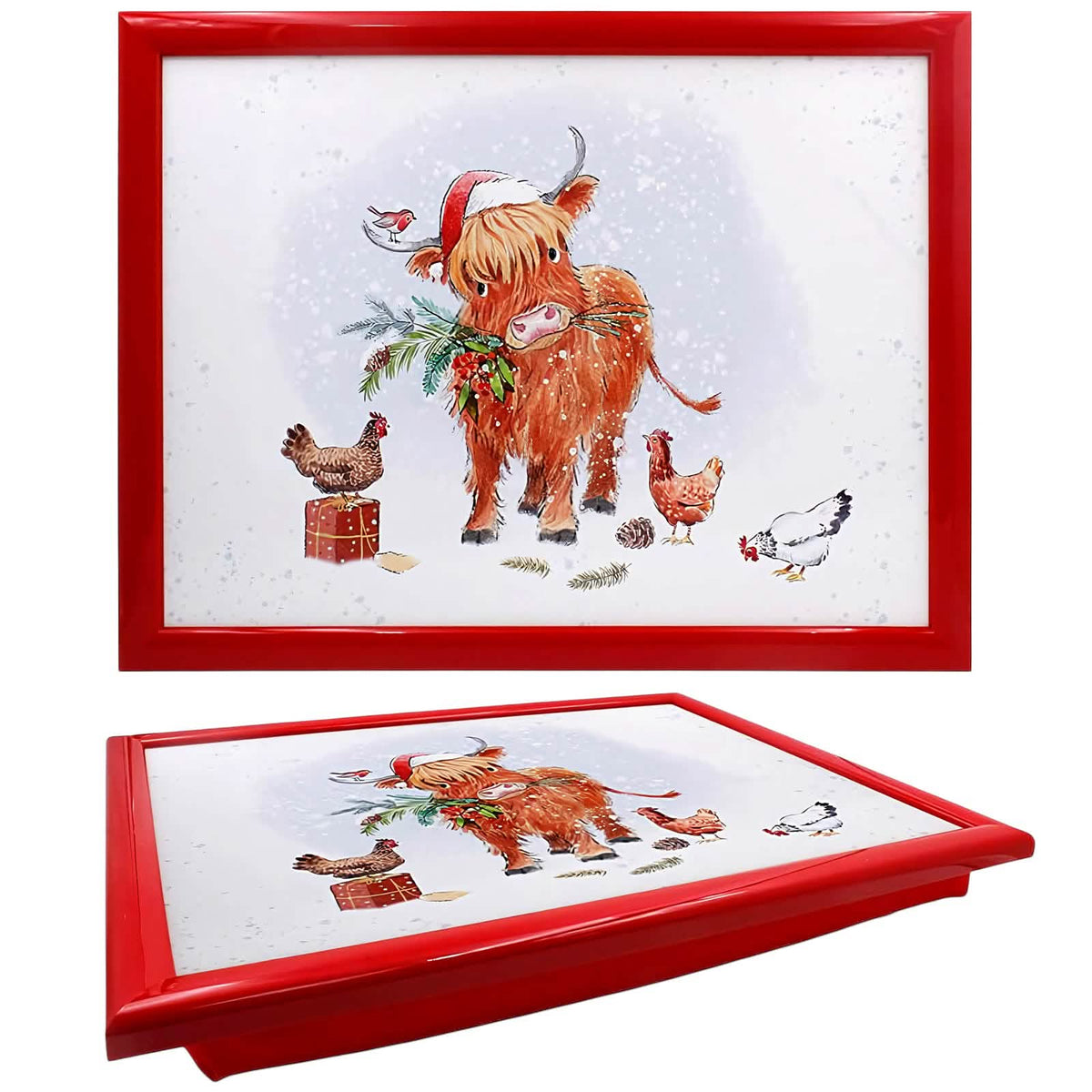 Laptop Lap Tray with Cushioned Padded Bean Bag Base | Highland Cow with Santa Hat and Hens | Ideal for TV Dinners or Bed