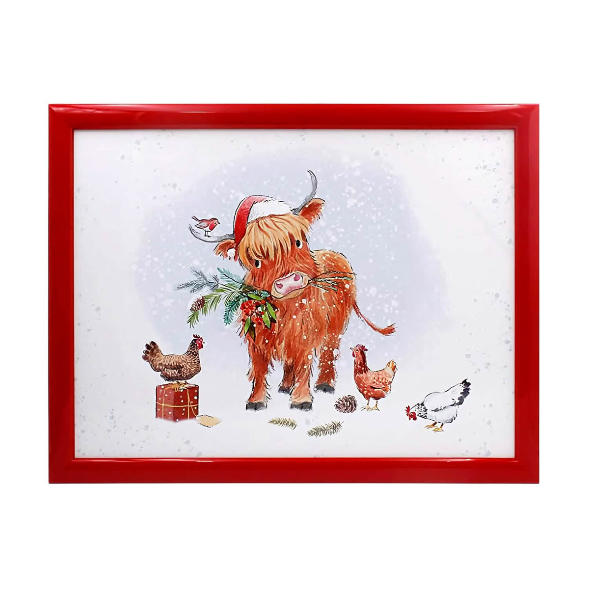 Laptop Lap Tray with Cushioned Padded Bean Bag Base | Highland Cow with Santa Hat and Hens | Ideal for TV Dinners or Bed