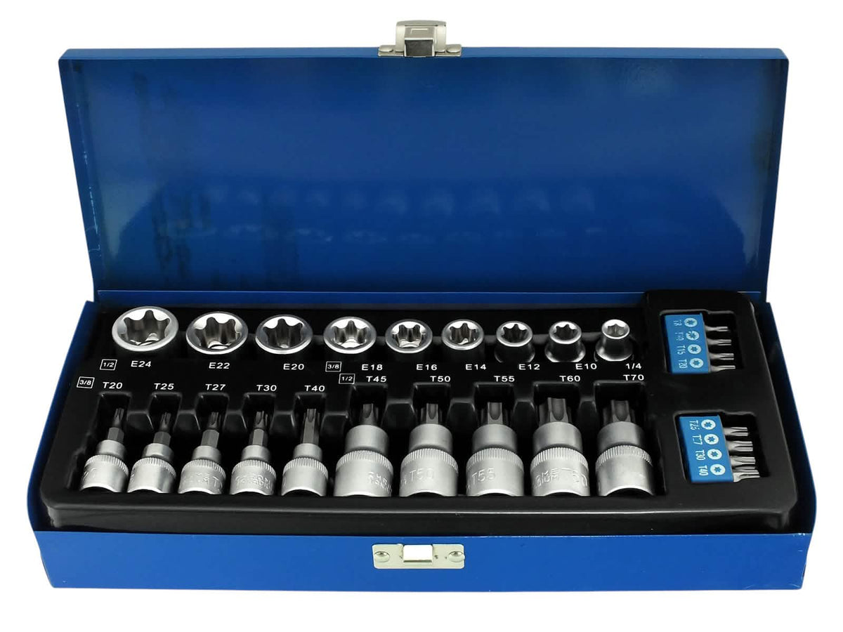 27pc 3/8" & 1/2" Torx Star Bits and E Sockets Set with Metal Storage Case