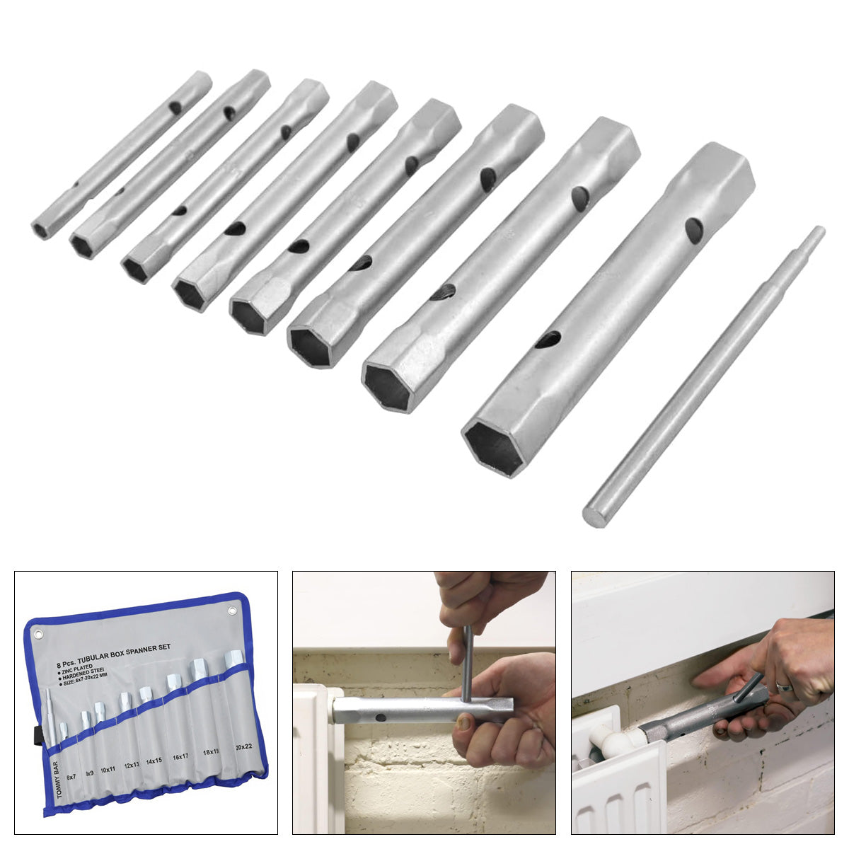 8pc Tubular Box Spanner Back Nut Tap Wrench Set Monobloc 6-22mm with Torque Bar
