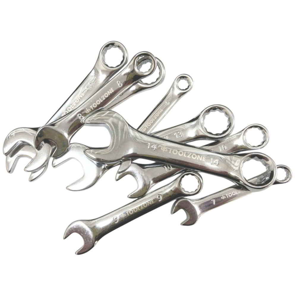 9 X Metric Crv Stubby Short Chrome Finish Combination Spanners + Storage Rack