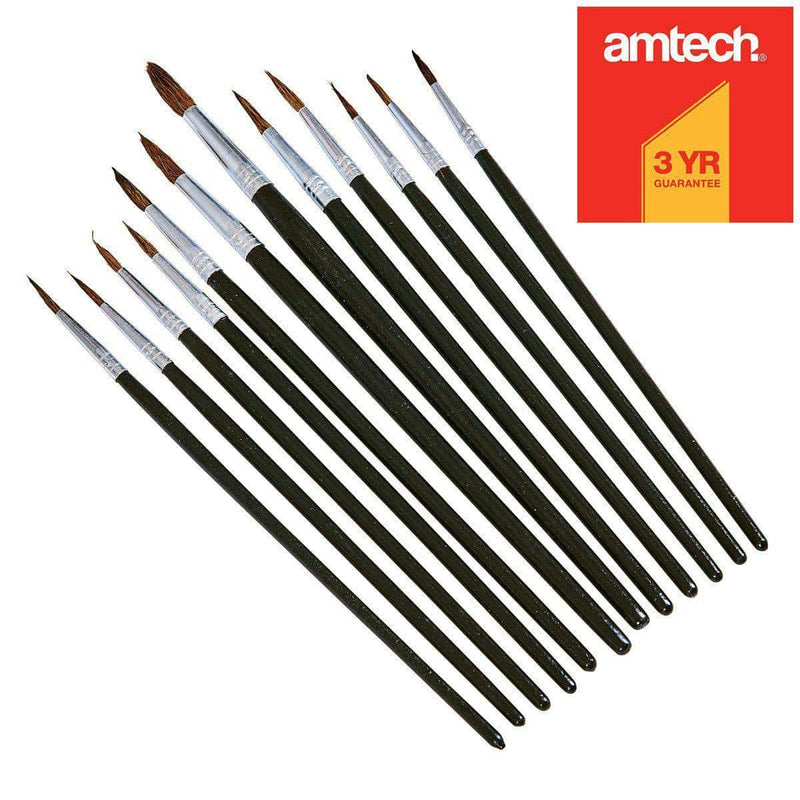 Amtech 12PC FINE TIP POINTED PAINT BRUSH SET ARTISTS ACRYLIC WATERCOLOUR OIL BRUSHES