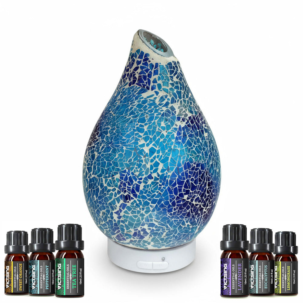 Azure Crackle LED Ultrasonic Fragrance Diffuser Aroma Lamp plus Pack of 6 Assorted Essential Oils