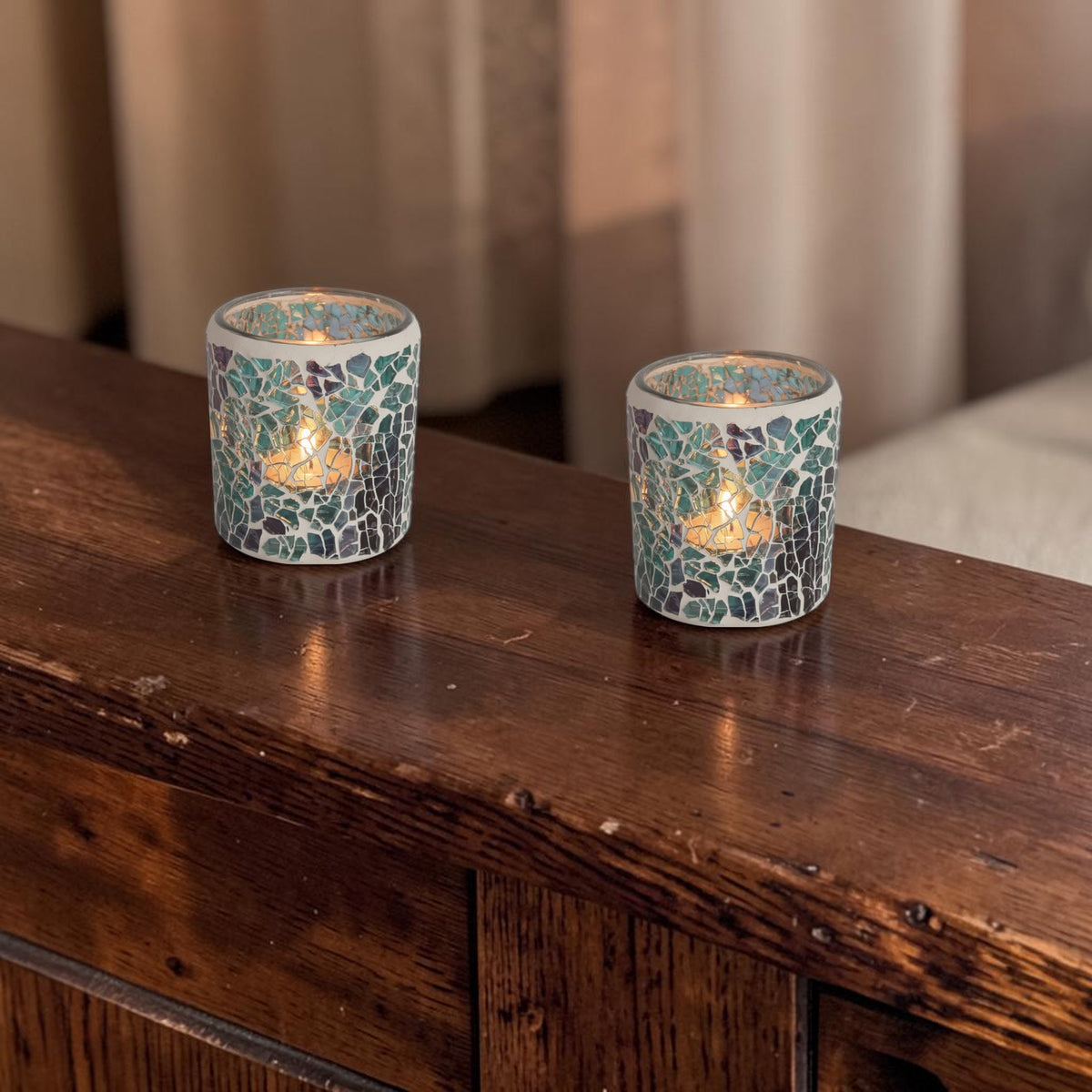 2 Pack - Tea Light Holder Blue Crackle Glass