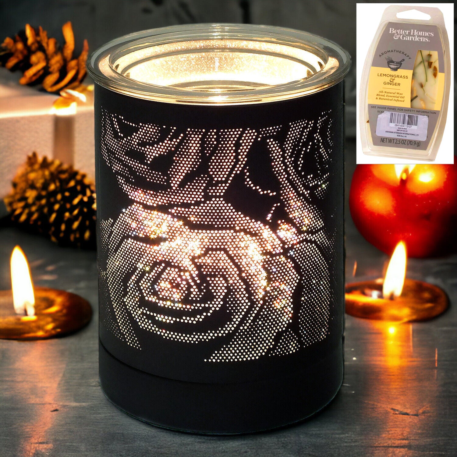 Electric Aroma Lamp Wax Tart Melter and Scented Oil Burner | Black Rose Design Fragrance Diffuser plus Lemongrass Wax Melts