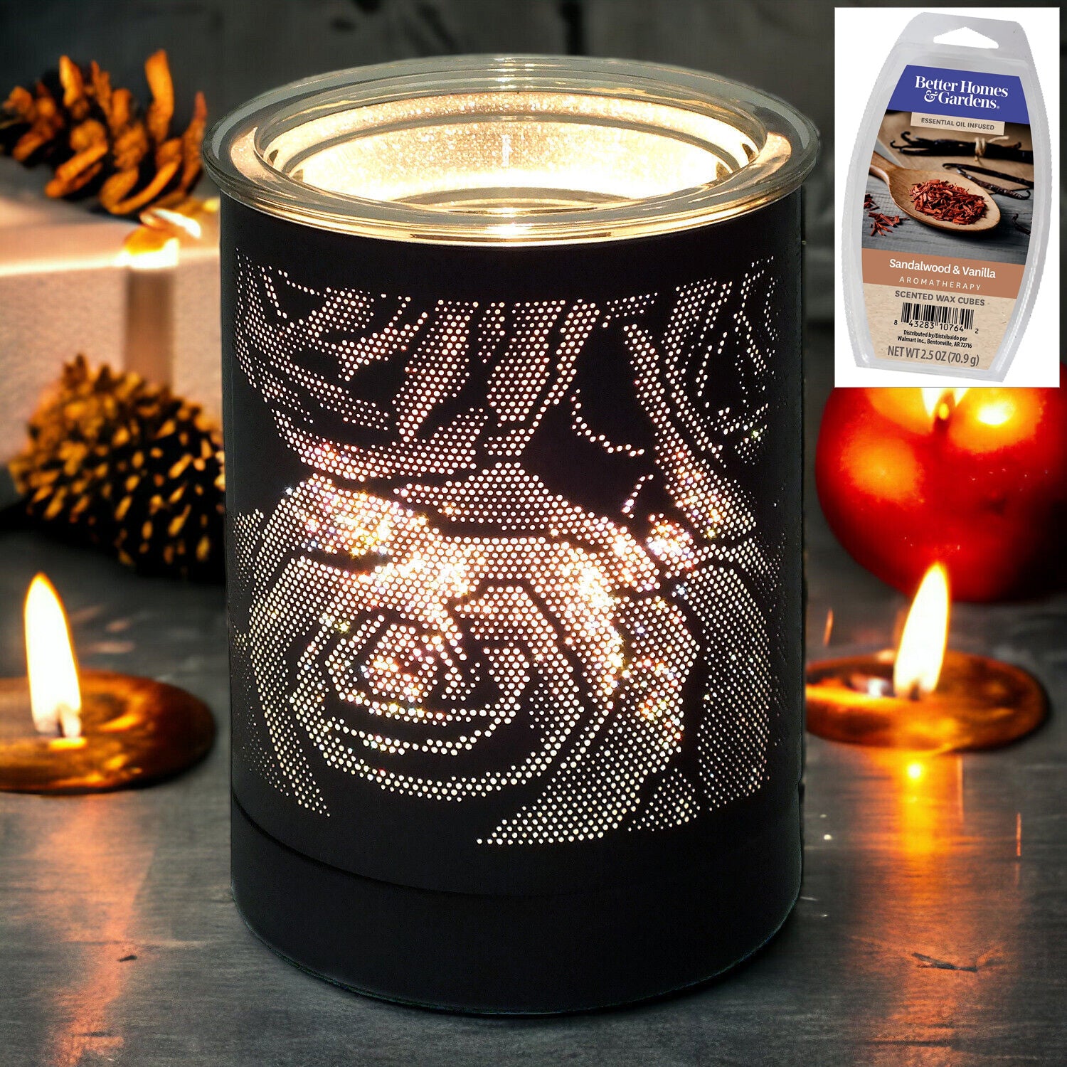 Electric Aroma Lamp Wax Tart Melter and Scented Oil Burner | Black Rose Design Fragrance Diffuser plus Sandalwood Wax Melts