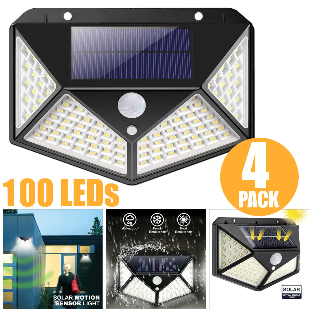 4 Pack 100 LED Solar Wall Lights PIR Motion Sensor Outdoor Garden Security Lamps