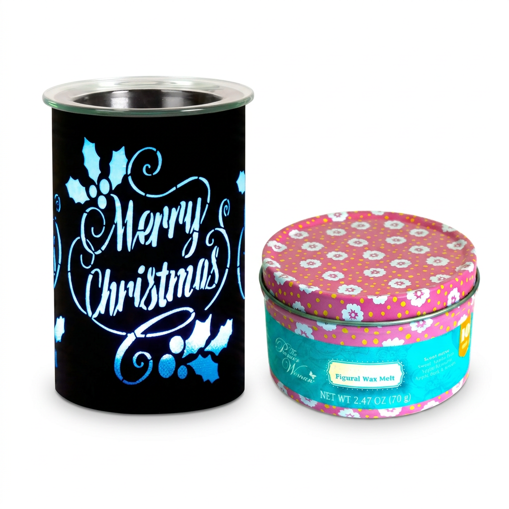 Blue illuminated Merry Christmas wax warmer with tin of wax melts