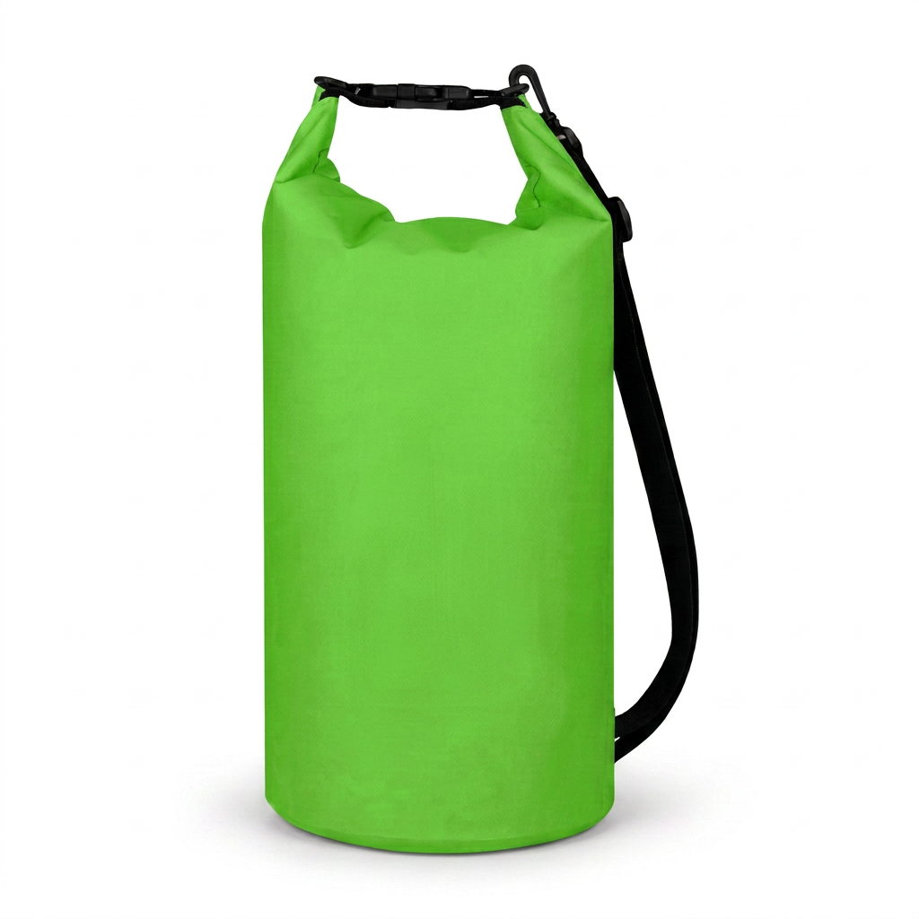 Bright green dry bag on white background