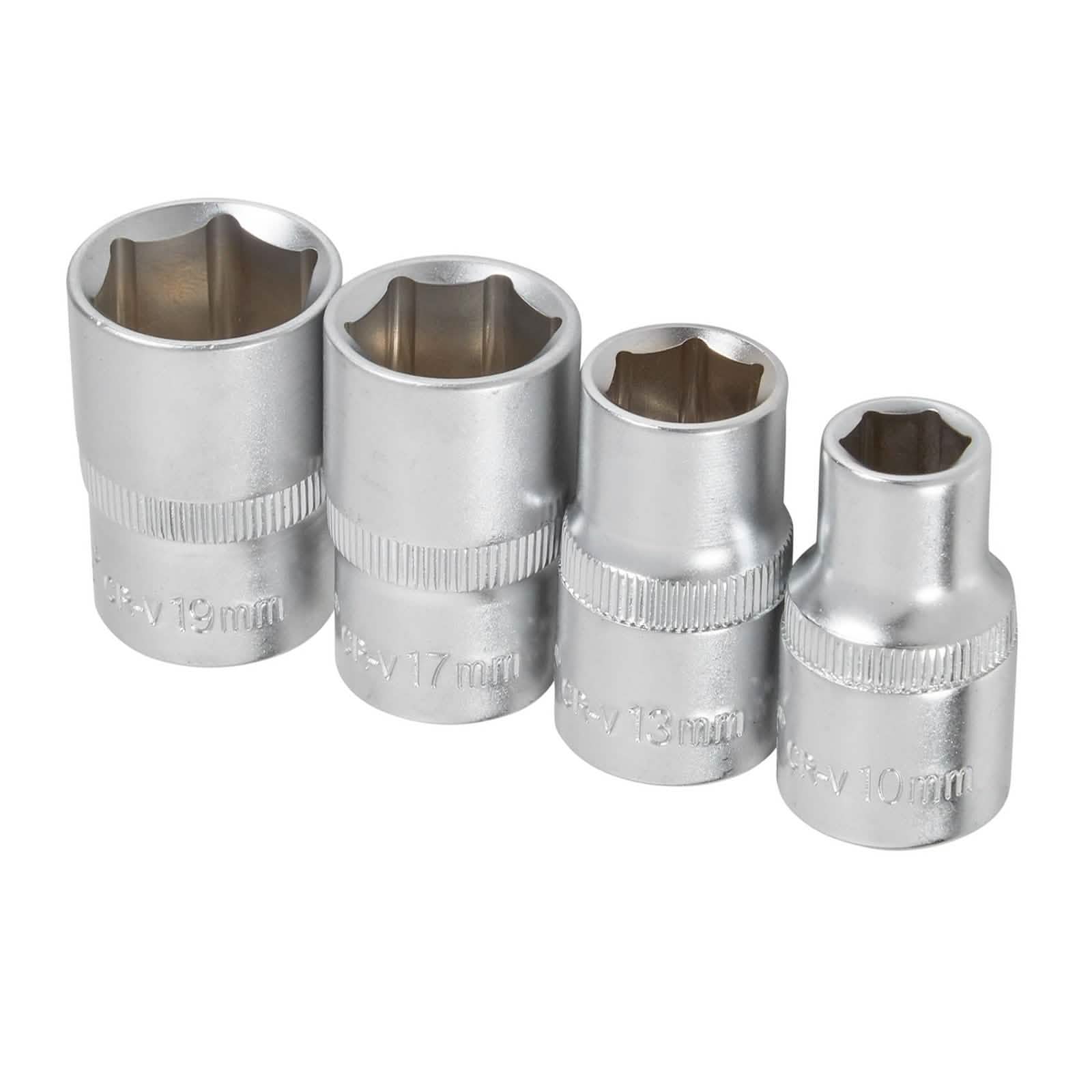 4pc 1/2" Drive Socket Set 10mm 13mm 17mm 19mm Metric Chrome Vanadium Hex Sockets