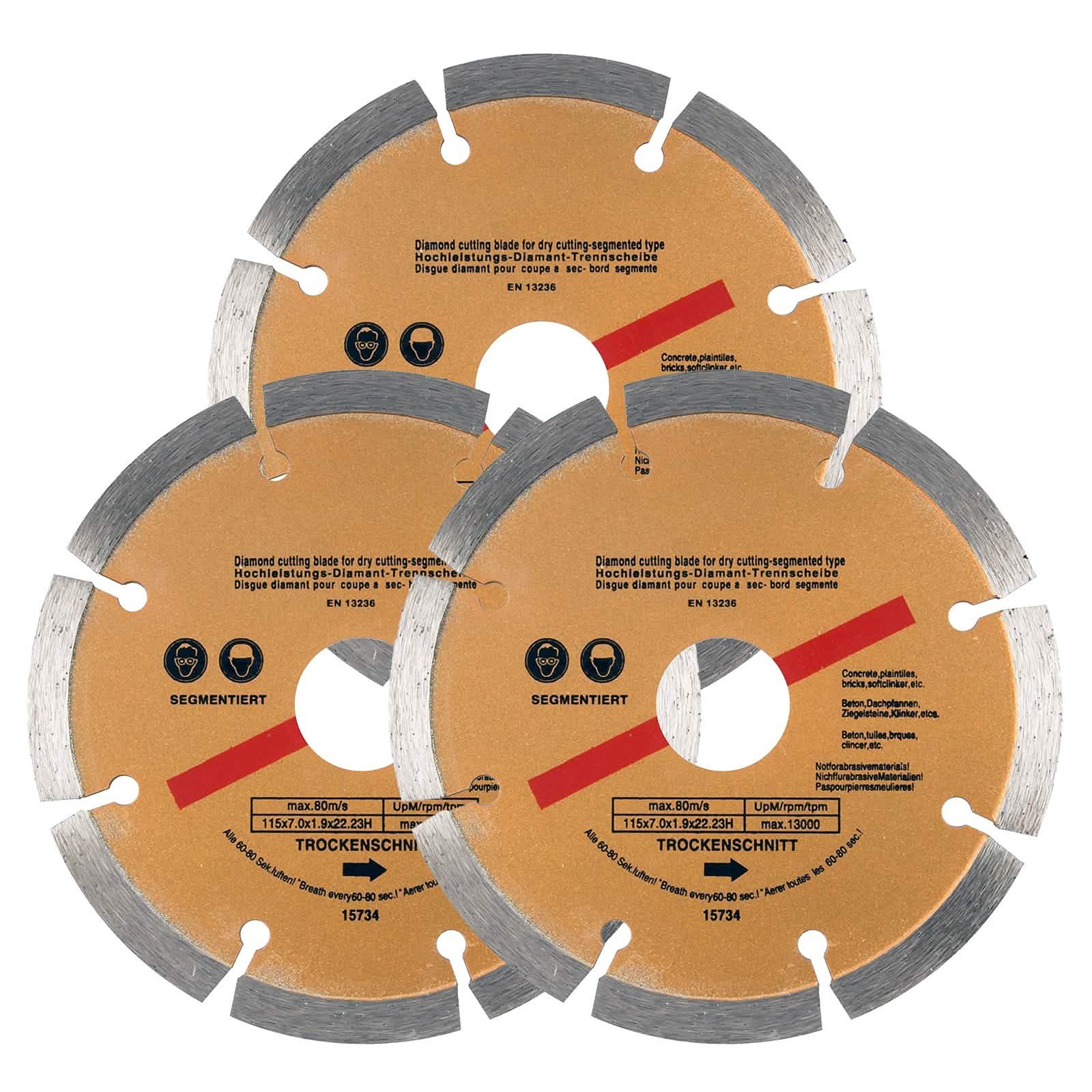 Pack of 3 x 115mm 4.5" Angle Grinder Blades Diamond Discs Masonry Stone Cutting