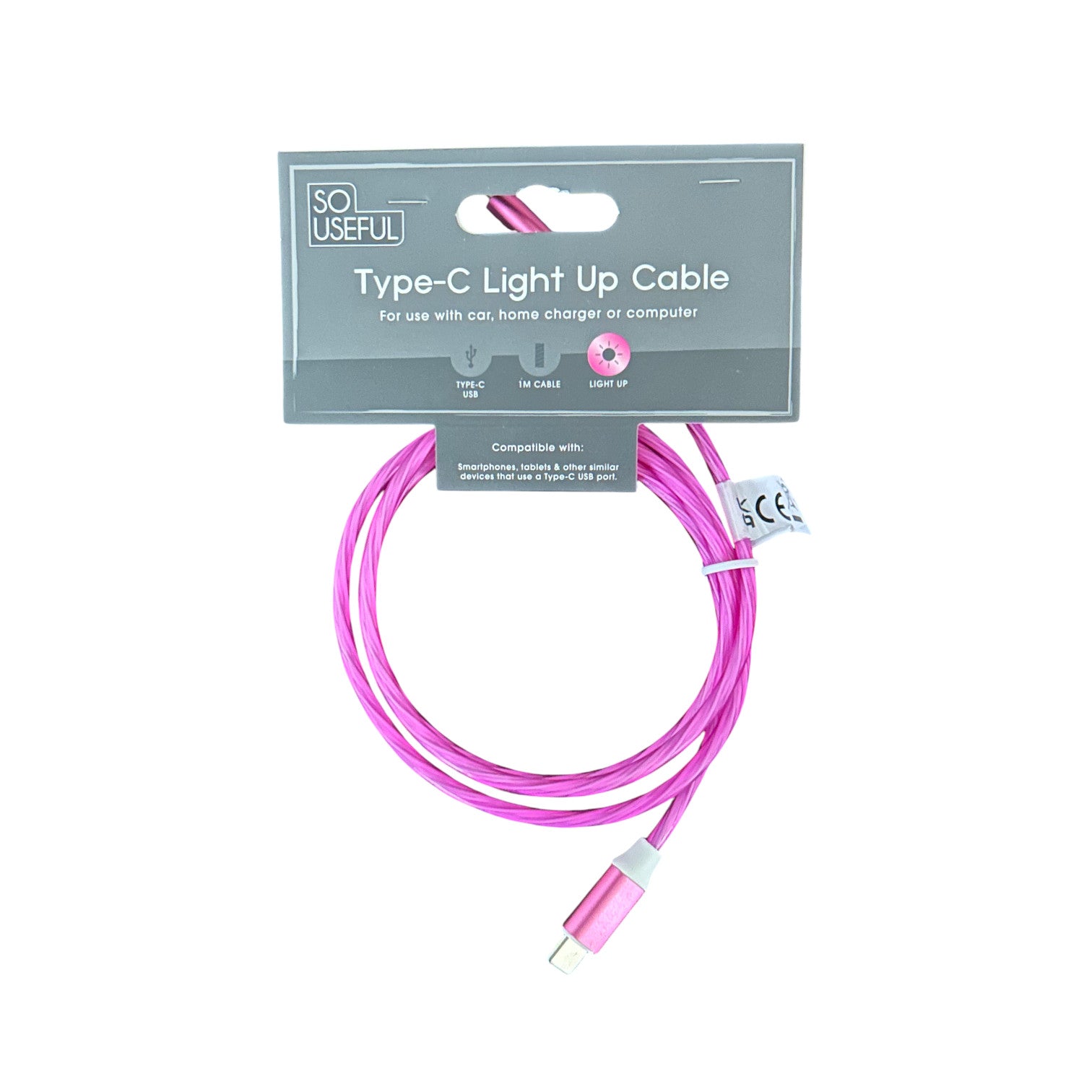 USB Cable Fast Charging 1m Type-C Universal Pink Light Up Cable