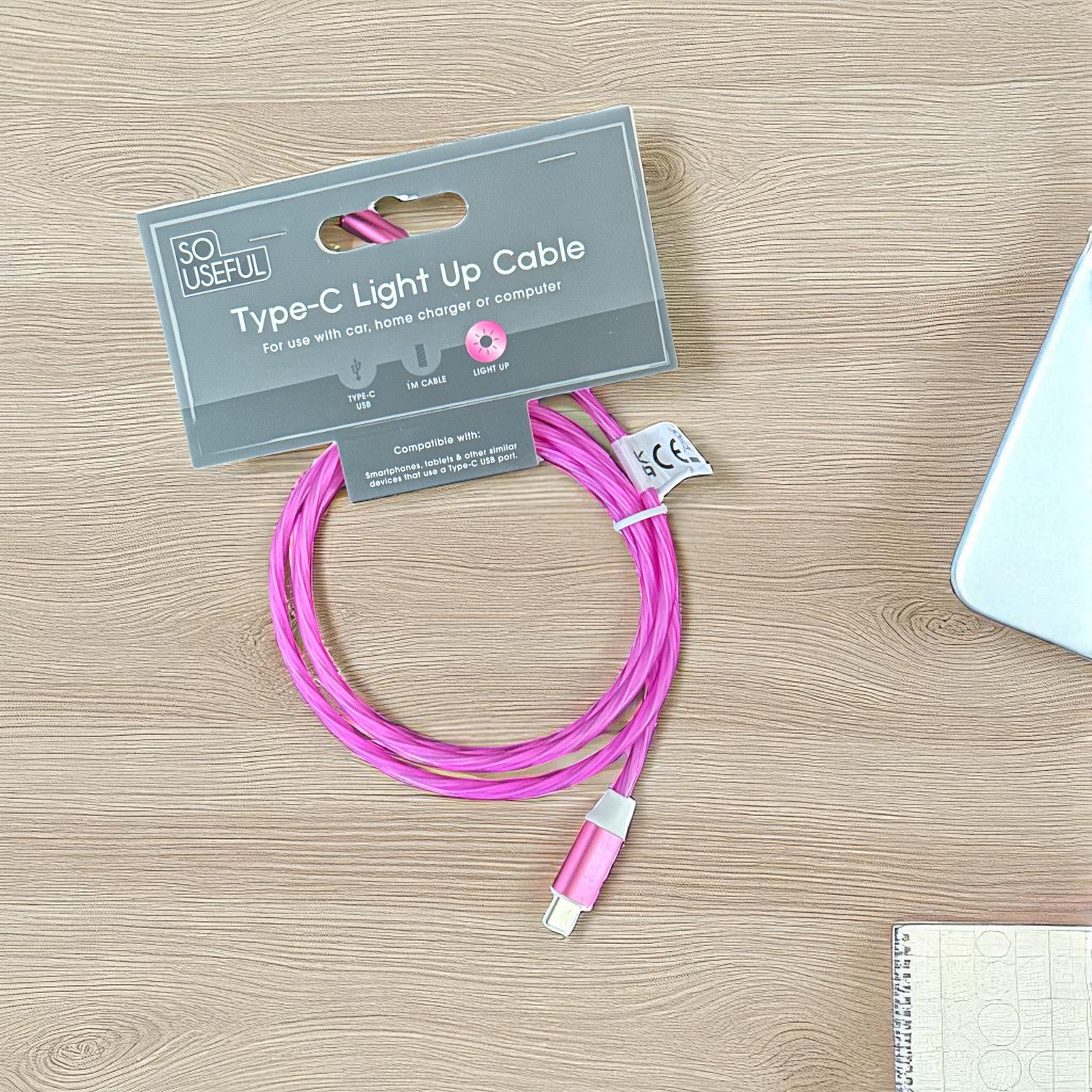 USB Cable Fast Charging 1m Type-C Universal Pink Light Up Cable