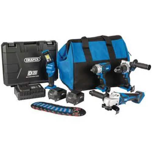 Draper Draper D20 20V Workshop Kit (4 Piece) (+1X 3Ah Batteries, 1X 4Ah Battery, Charger And Bag) Dr-90470