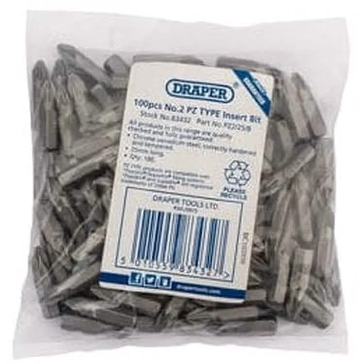Draper Draper Pz Type Insert Bits, 1/4", No.2 (Bag Of 100) Dr-83432